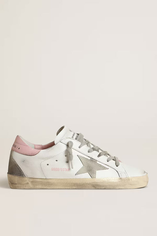 Super-Star pour femme avec étoile en daim gris et contrefort en cuir rose