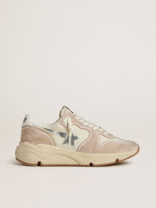 Running Sole pour femme en nylon et cuir velours avec étoile imprimée argentée et contrefort en cuir