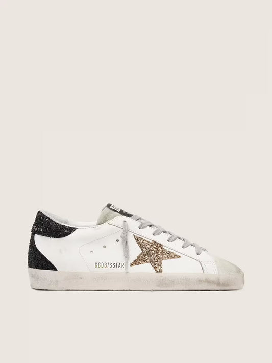Super-Star femme en cuir nappa avec étoile à paillettes dorées et contrefort à paillettes noires